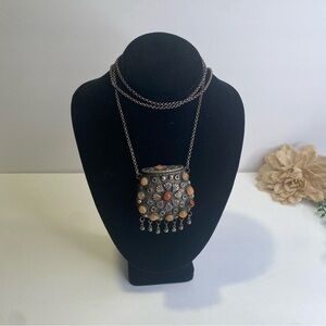 Vintage Tibetan Nepalese Lidded Pill Box Pouch Necklace